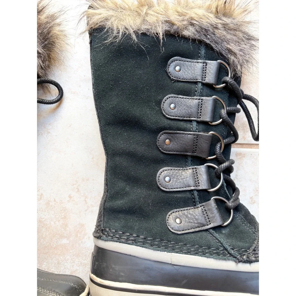 Sorel Joan of Arctic Black Waterproof Winter Snow Boots Faux Fur Trim Size 9